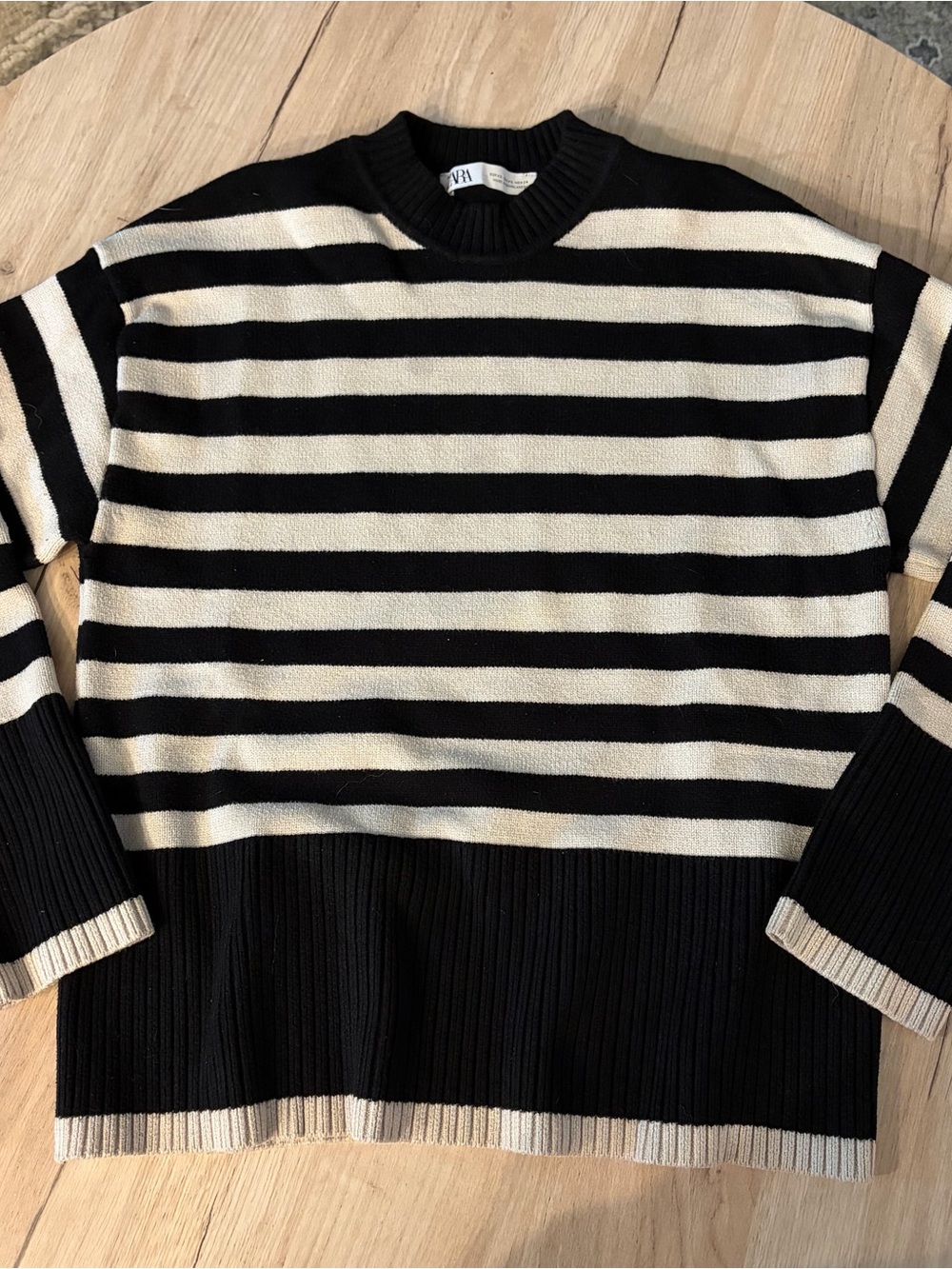ZARA BLACK CREAM STRIPED KNIT SWEATER CONTRAST RIBBED CUFFS OVERSIZED WOMENS XS